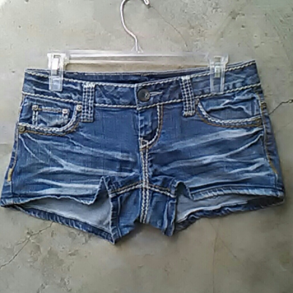 Z2 Denim Jean Shorts Distressed Acid Wash Distress Copper Threadwork Adorned Sz5